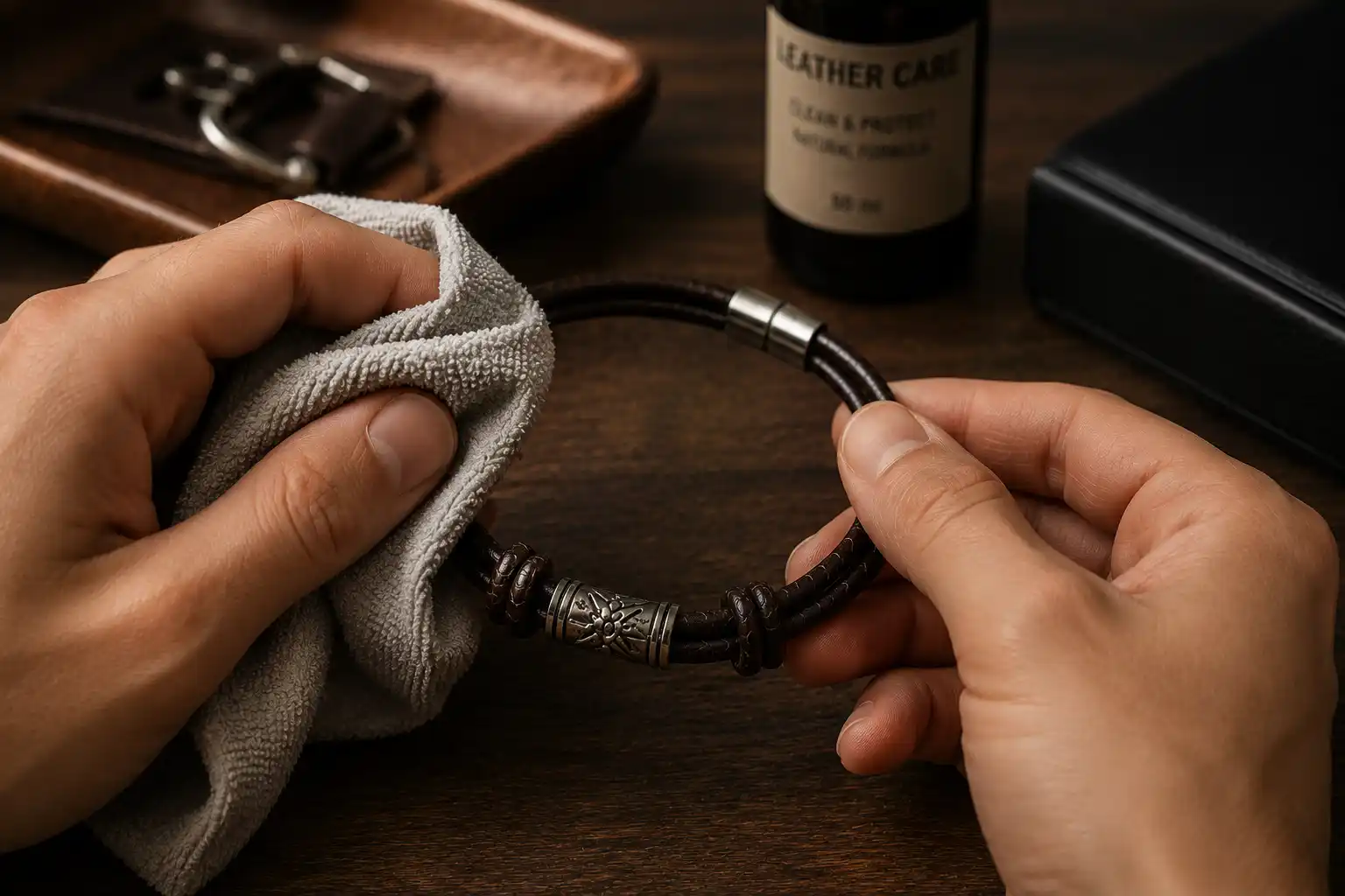 Mains séchant délicatement un collier en cuir pour homme avec un chiffon doux sur une table en bois dans une ambiance artisanale chaleureuse