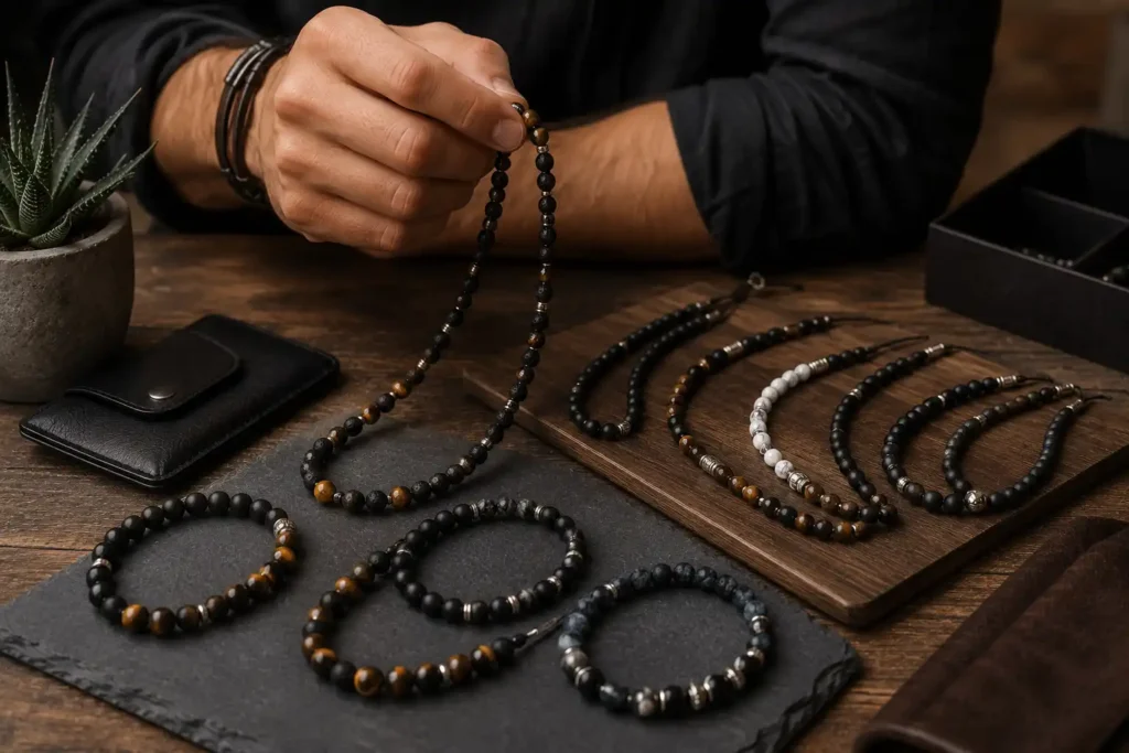Sélection de colliers en perles pour homme de différentes couleurs et tailles présentés sur une table en bois dans une ambiance élégante et masculine