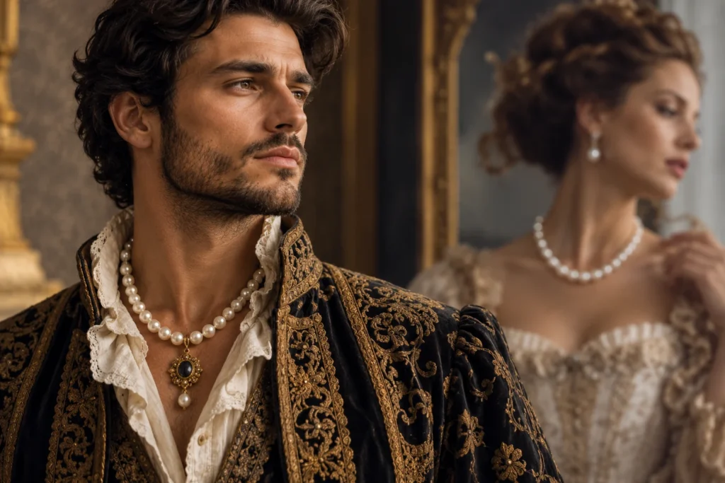 Homme et femme en tenues aristocratiques anciennes portant des colliers de perles, illustrant l’évolution des bijoux masculins et féminins